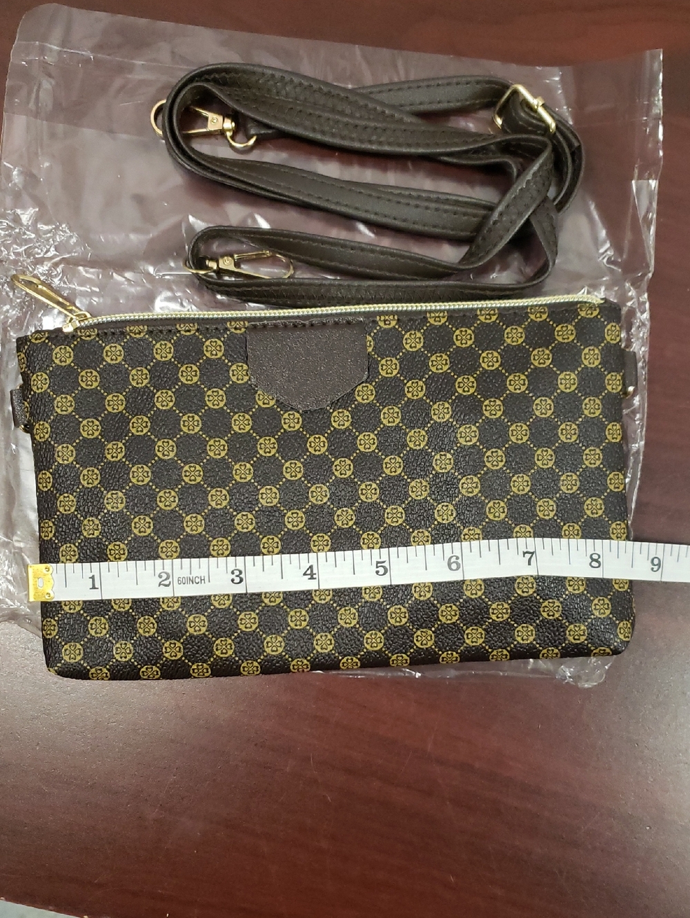 Brown Patterned Crossbody Wristlet with Gold Hardware